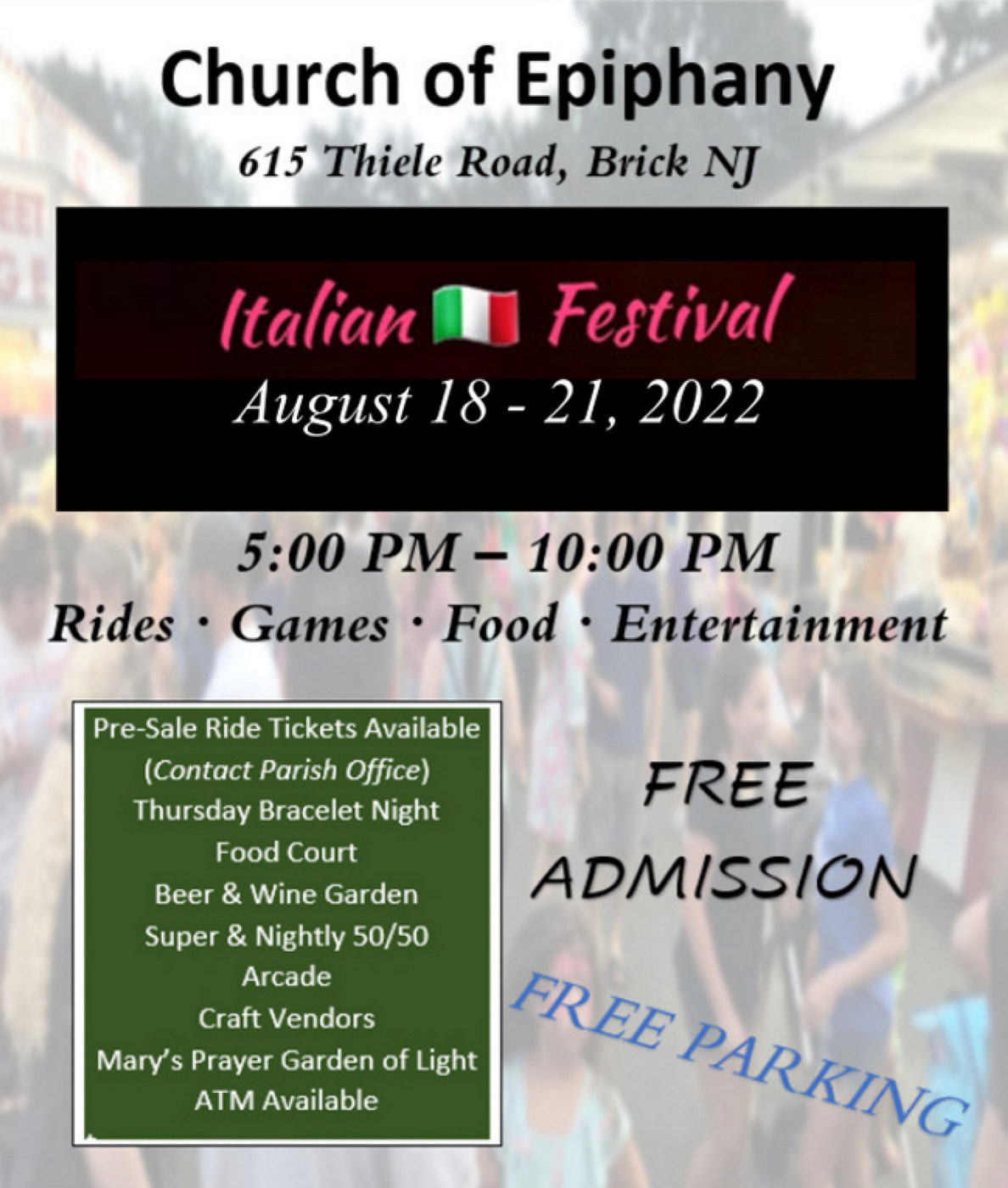 Church of the Epiphany Italian Festival 2022 Brick Twp, NJ NJ Carnivals